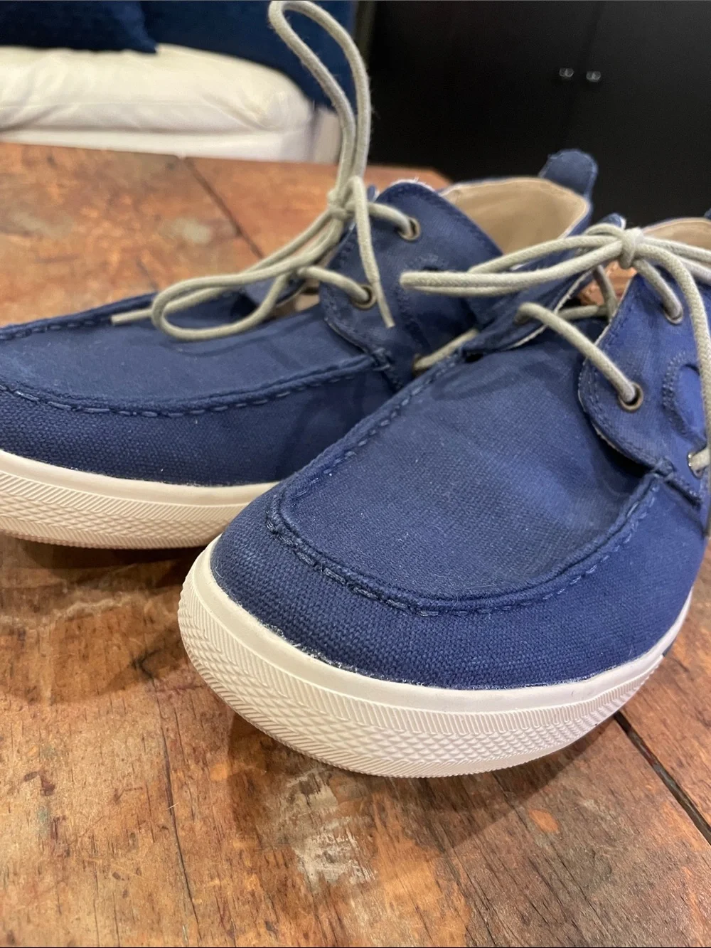 Tommy Bahama Navy Canvas Boat Shoes with Tan Laces